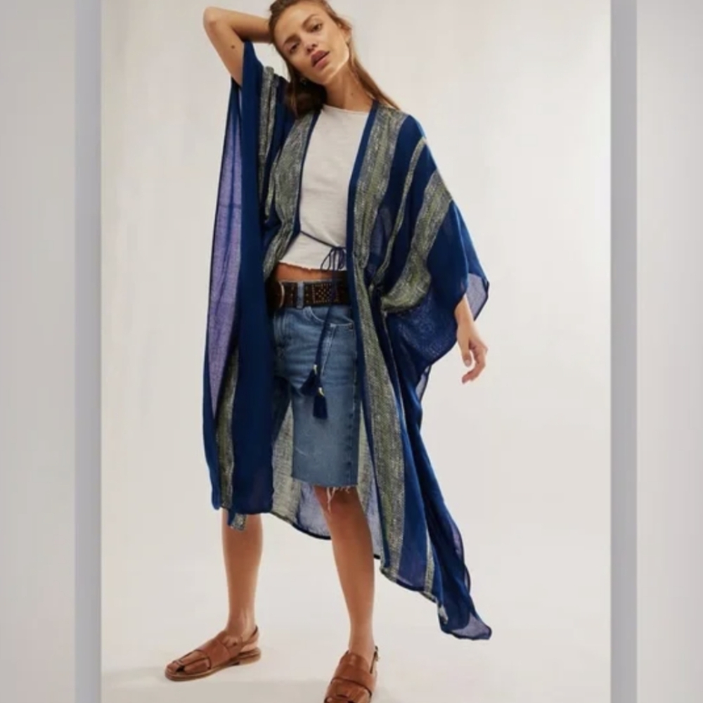 FREE PEOPLE Navy Striped Open-Front Kimono Cardigan - Picture 2 of 12